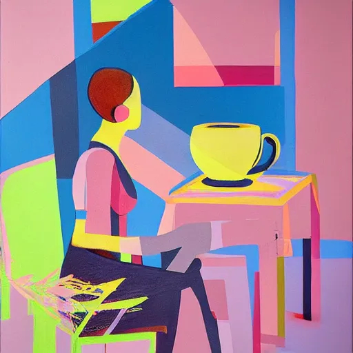 Image similar to beautiful lady, drinking tea, fruit basket, painting, abstract, clean shapes, print, litography pastel colors, ink lines, markus gunnar, konstfack