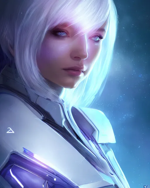 Image similar to perfect android girl on a mothership, warframe armor, beautiful face, scifi, futuristic, galaxy, nebula, raytracing, dreamy, long white hair, blue cyborg eyes, sharp focus, cinematic lighting, highly detailed, artstation, divine, by gauthier leblanc, kazuya takahashi, huifeng huang