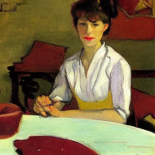 Image similar to a young beautiful lady is sitting at the table, in style of Valentin Serov,