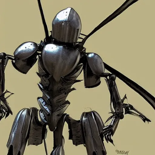 Prompt: A humanoid mosquito, reminiscent of a winged medieval knight armor. Metal gear solid style.