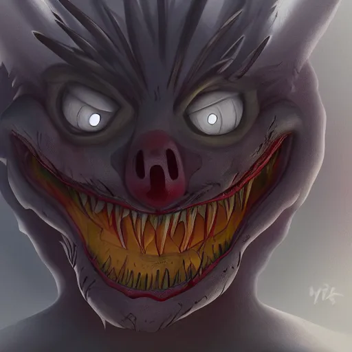 Image similar to creepy cartoon monster, artstation, dark, smile, detailed, 4k