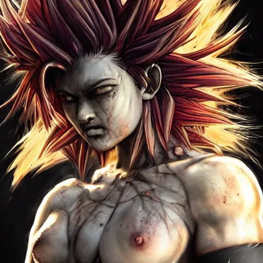 Image similar to fistfight, bloody, brutal, warrior girl, muscular girl, wild spiky black saiyan hair, long spiky hair, electrified hair, fistfighting, ultra realistic, intricate details, highly detailed, subsurface scattering, photorealistic, octane render, 8 k, art by artgerm, greg rutkowski, magali villeneuve, alphonse mucha