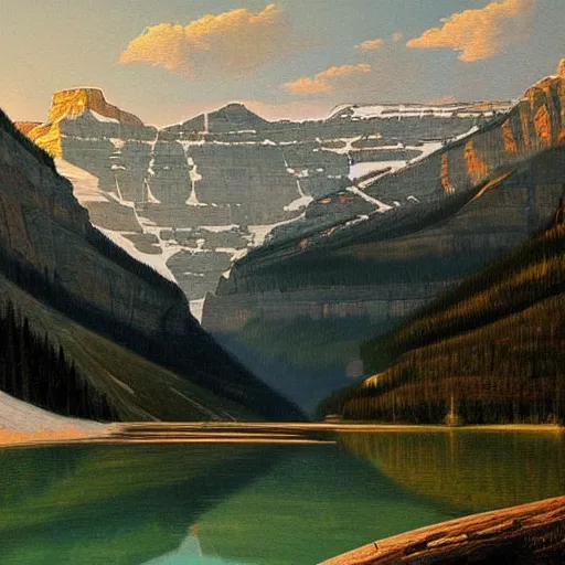 Prompt: Lake Louise in Banff National park, beautiful detailed landscape painting in the style of 19th century Hudson River school of Art