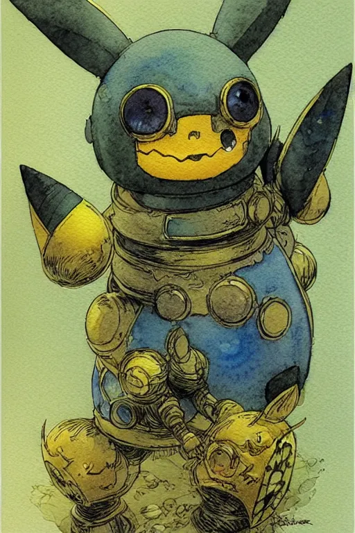 Image similar to a simple and atmospheric watercolour fantasy character concept art portrait of a mechanized android pikachu as a druidic warrior wizard looking at the camera with an intelligent gaze, very muted colors, by rebecca guay, michael kaluta, charles vess and jean moebius giraud