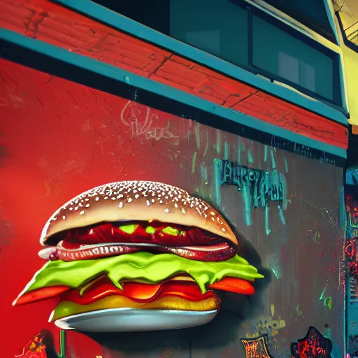 Image similar to spray paint graffiti hamburger, high details, cinematic, 8k resolution, beautiful detailed, insanely intricate details, artstation trending, octane render, unreal engine,