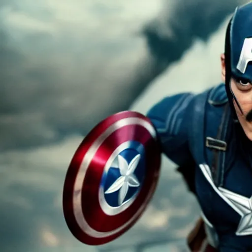 Prompt: Johnny Depp as captain America, Live-Action, cinematic, fight pose.
