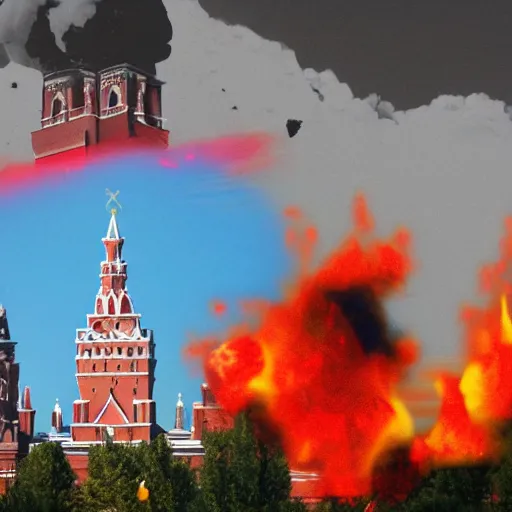 Image similar to high quality photo of Red Square with flames and mushroom cloud on background, highly detailed, 8k, professional