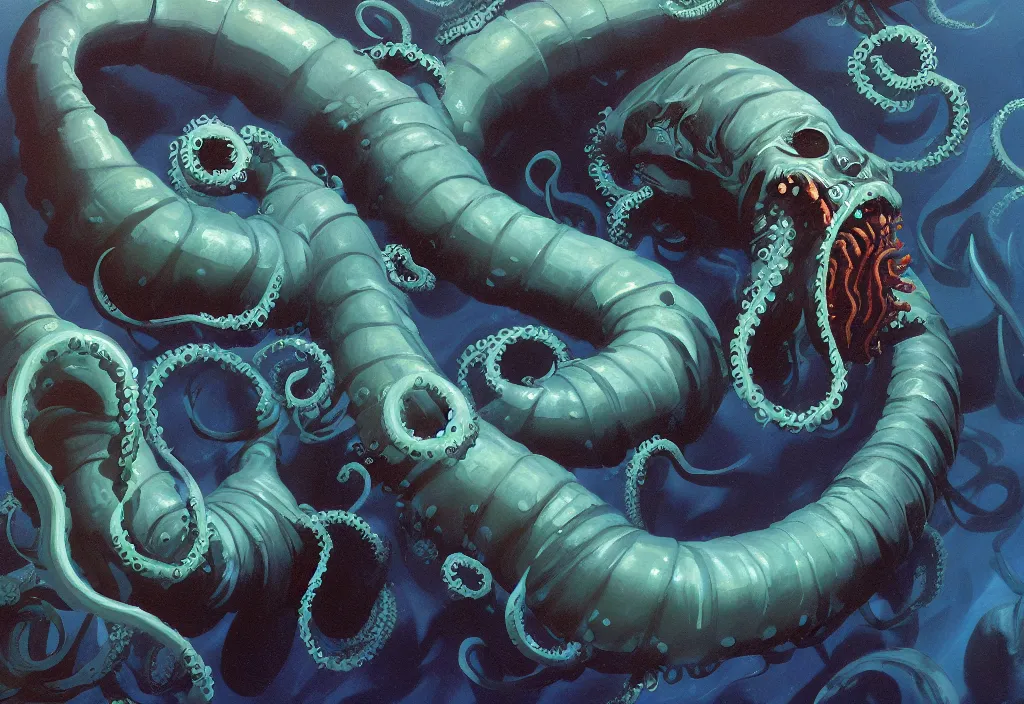 Image similar to Underwater Tentacle Pandomonium;Art by Greg Manchess, Art Direction by Jeremy Jarvis; painting spiraling inward; Deep sea horror; gallery painting; teeth and eyes; illustration