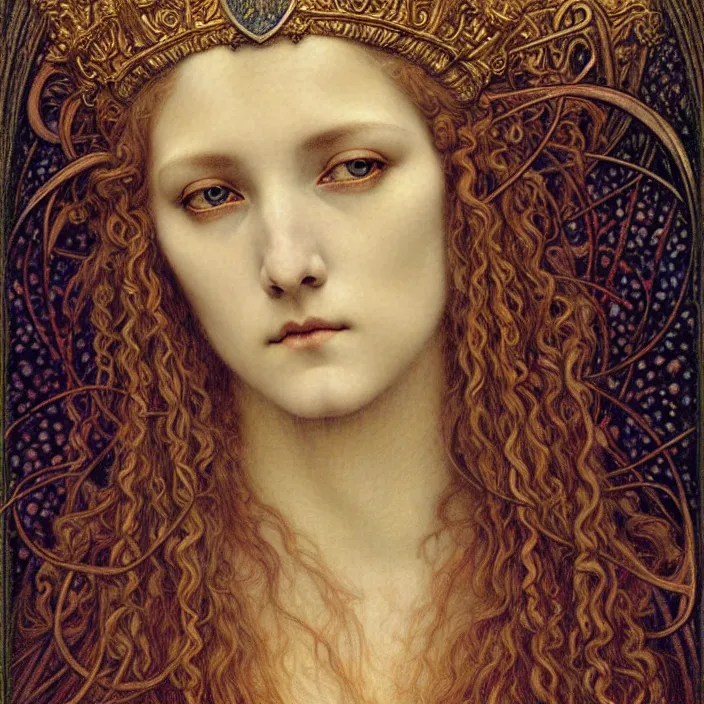 Image similar to detailed realistic beautiful young medieval queen face portrait by jean delville, gustave dore and marco mazzoni, art nouveau, symbolist, visionary, gothic, pre - raphaelite. horizontal symmetry