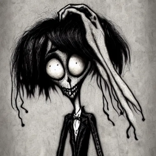 Image similar to grunge cartoon drawing of a plushie by - michael karcz , in the style of corpse bride, loony toons style, horror themed, detailed, elegant, intricate