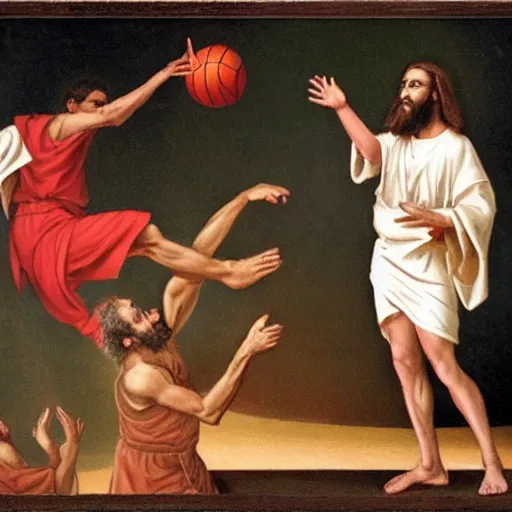 Image similar to Jesus wearing robes dunks a ball in a basketball court, hd