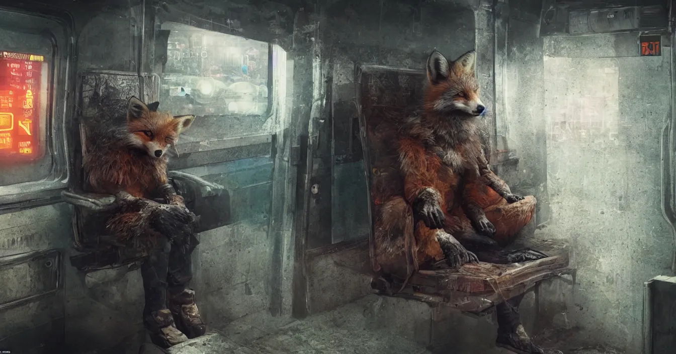 Prompt: A homeless, neglected fox in an old coat sits sleepy on a dirty seat in a old russian subway car,cyberpunk 2077, amazing digital art