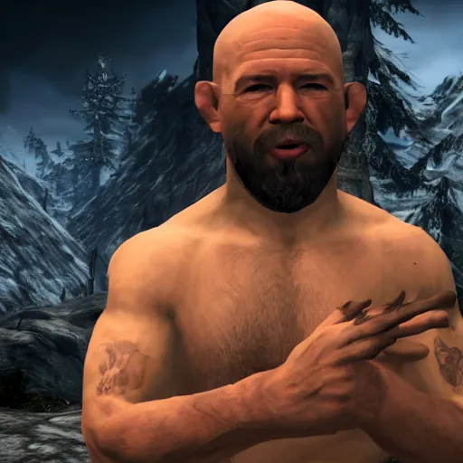 Image similar to character screenshot of ufc president dana white, npc, skyrim, wilderness, 1 0 8 0 p, bokeh, elder scrolls v, detailed, dialog text