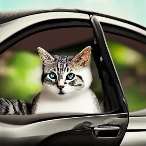 Image similar to a cat in the car, creative photo manipulation