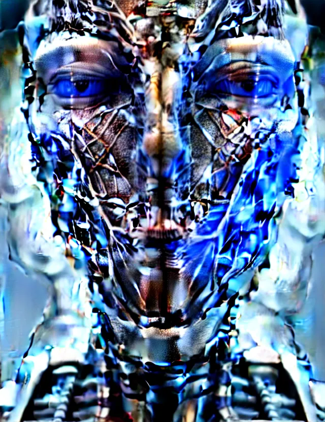 Prompt: complex 3 d elon musk face, portlet photo, blue silver and black, fractal veins. cyborg, 1 5 0 mm, beautiful natural soft light, rim light, fractal details, fine lace, mandelbot fractal, anatomical fractal, glass facial muscles, elegant, ultra detailed, metallic armor, octane render