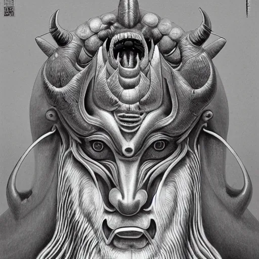 Image similar to a human with wolf head, naraka buddhist demon japan, thailand art, tubular creature, blood vesels, dystopian surrealism, artstyle alex ries zdzisław beksinski, symmetry accurate features, very intricate details, high resolution, symmetrical long head, smooth marble surfaces, detailed ink illustration, metal gear, cinematic smooth stone, deep aesthetic, concept art