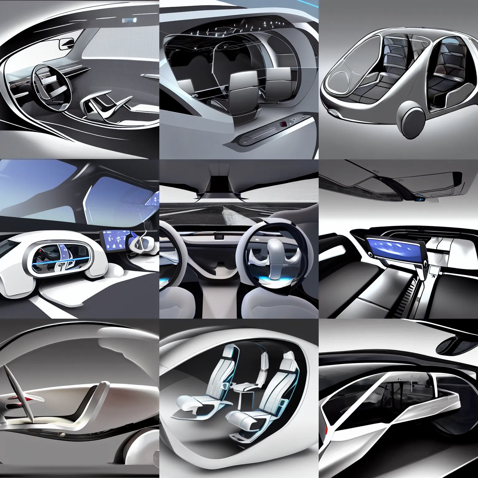 Prompt: inside view of an unmanned auto car that can fly, concept art, chrome plated