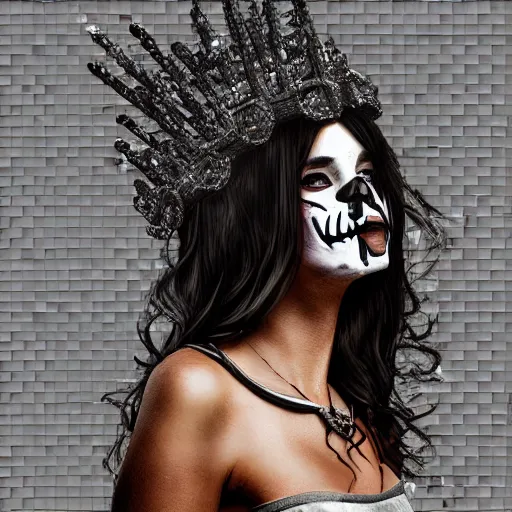 Image similar to full body potrait of a woman. woman is wearing a crown made of cigarettes. Woman is wearing a skull mask. Smoke effects forms question mark. Digital painting. Art station. Mood lighting. - h 1200