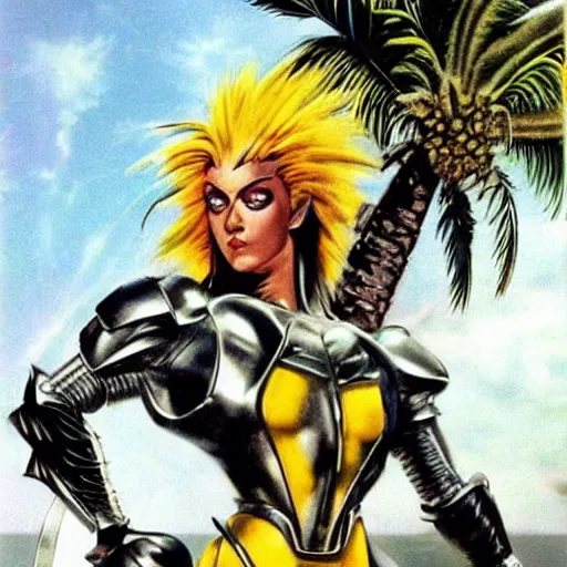 Image similar to 23-year-old muscular warrior girl wearing chrome silver armor, black spandex, electrified hair, wild spiky black hair, glam metal hair, wild black hair, yellow eyes, tropical, palm trees, chrome buildings, futuristic base, 1987, Frank Frazetta, pulp art, video game box art, hyper-detailed