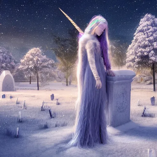 Image similar to a iridescent unicorn mourning a human in a snowy graveyard on a starry night, ultra realistic, concept art, intricate details, highly detailed, photorealistic, octane render, 8 k, fantasy art, art by mary jackson