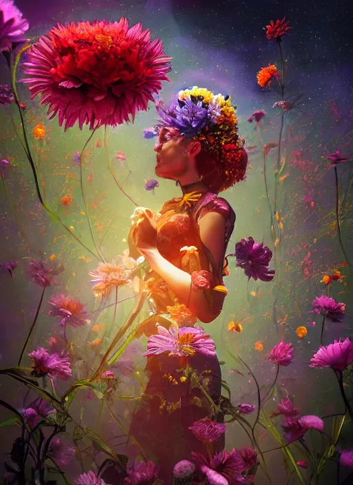 Image similar to An epic fantastic realism comic book style painting of the most beautiful flowers launched across the dark and starry cosmos, bouquets, fisheye lens, unreal 5, DAZ, hyperrealistic, octane render, dynamic lighting