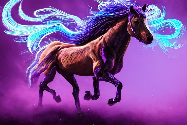 Image similar to a stunning horse with bioluminescent mane and tail running by sandra chevrier and greg rutkowski, neon hooves, purple blue color scheme, vaporware, retro, outrun, high key lighting, volumetric light, digital art, highly detailed, fine detail, intricate, ornate, complex, octane render, unreal engine, photorealistic