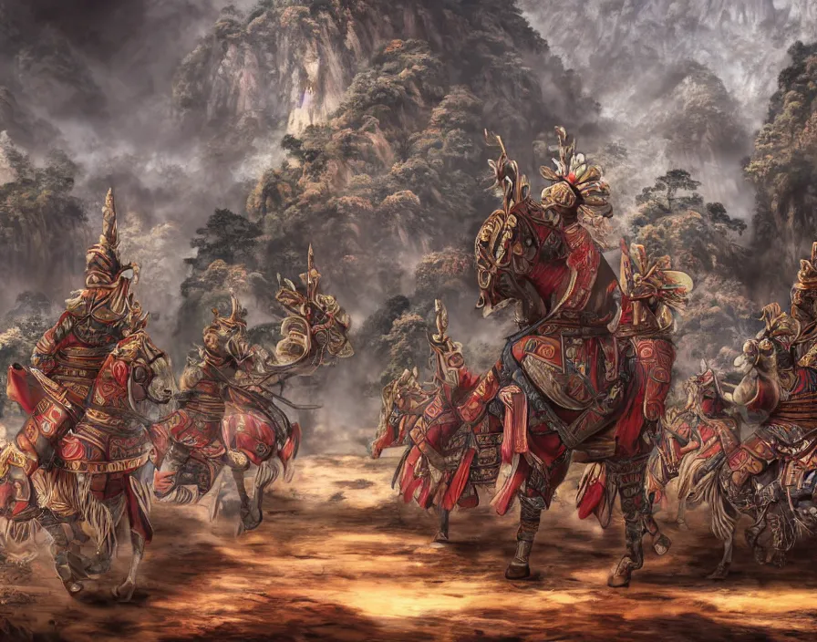 Image similar to ancient chinese military generals in old asian temple, beautiful texture, beautiful graphics, fantasy artwork, very beautiful scenery, hd, hdr, ue 5, ue 6, unreal engine 5, cinematic 4 k wallpaper, 8 k, ultra detailed, by popular digital, details, beautiful image ever created, high resolution, artstation, award winning