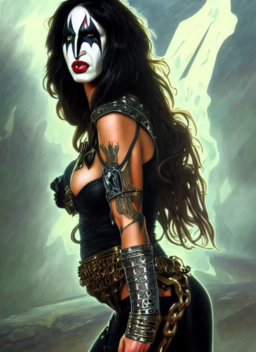 Prompt: portrait of megan fox as kiss, heavy metal, hell, intricate, headshot, highly detailed, digital painting, artstation, concept art, sharp focus, cinematic lighting, illustration, art by artgerm and greg rutkowski, alphonse mucha, cgsociety