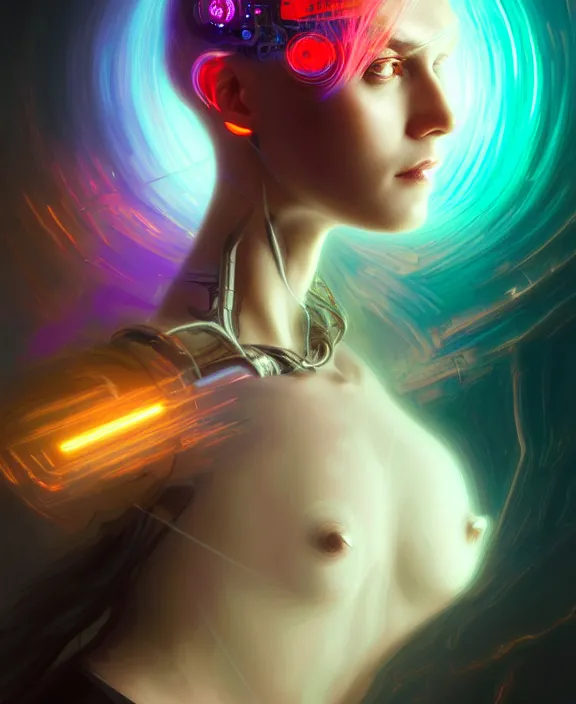 Image similar to a whirlwind of souls rushing inside the metaverse, hologram, half body, neurochip, shaved temple, piercing, jewelry, android, cyborg, cyberpunk face, by loish, d & d, fantasy, intricate, elegant, highly detailed, colorful, digital painting, artstation, concept art, art by artgerm and greg rutkowski and alphonse mucha