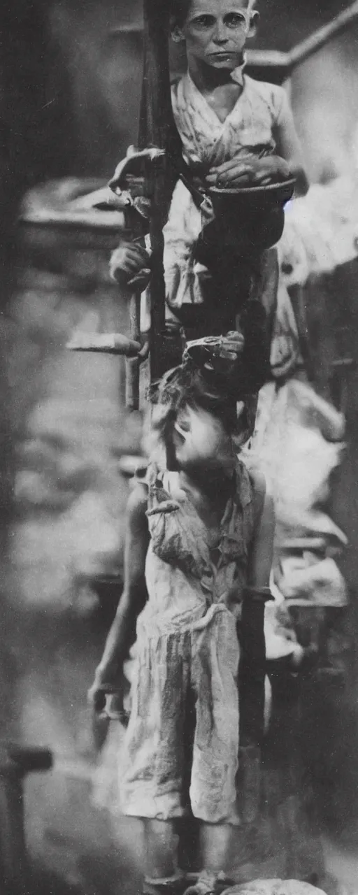 Prompt: famous photography Lewis Hine’s famous image Cotton Mill Girl, 1908