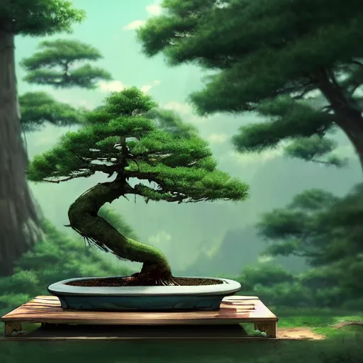 Image similar to a peaceful bonsai forest, bonsai art, anime scene by Makoto Shinkai, digital art, 4k