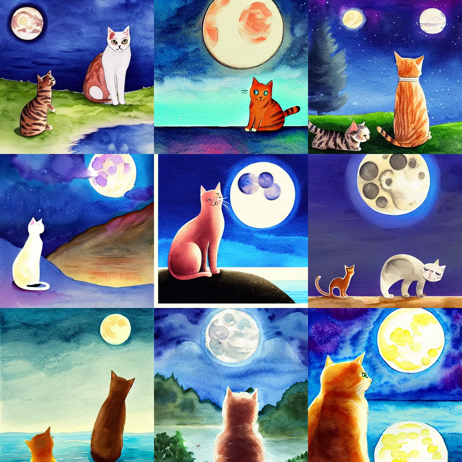 Prompt: cat looking up to the moon next to a lake, concept art, illustration, water colors, children book art by Ivan Gantschev