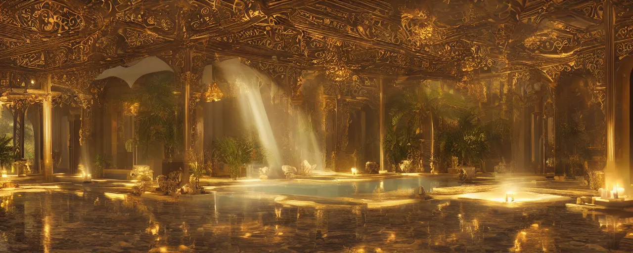 Prompt: surreal hyper luxury spa with intricate golden details with view to arid mountains and palm forest, god rays, light ray beam, candles, ultra detailed, photorealism, sharp focus, volumetric light, global illumination