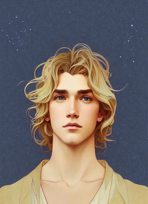 Prompt: pretty young man with shoulder length shiny shimmering golden blond hair, path traced, highly detailed, high quality, digital painting, by studio ghibli and alphonse mucha, leesha hannigan, disney