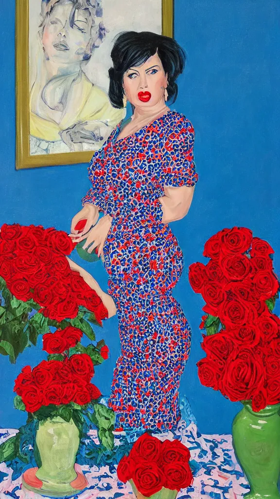 Prompt: portrait of rebekah delrio in lynch pattern dress beside of a big persian detailed pot of red roses, blue and red lights, mulholland drive, painted by egon sheile