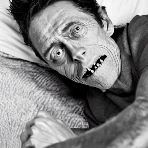 Image similar to willem dafoe lying in a bed with billie eilish