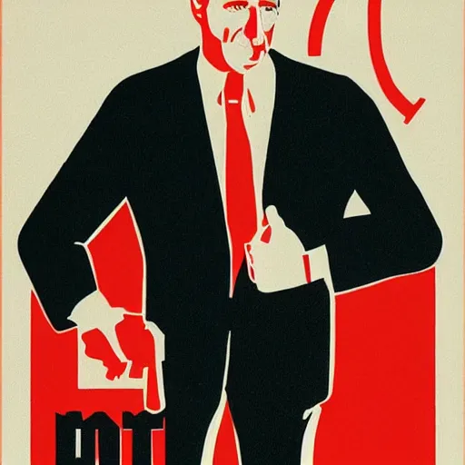 Prompt: minimalist soviet propaganda of robert mueller!!! standing with folded arms, polish movie poster