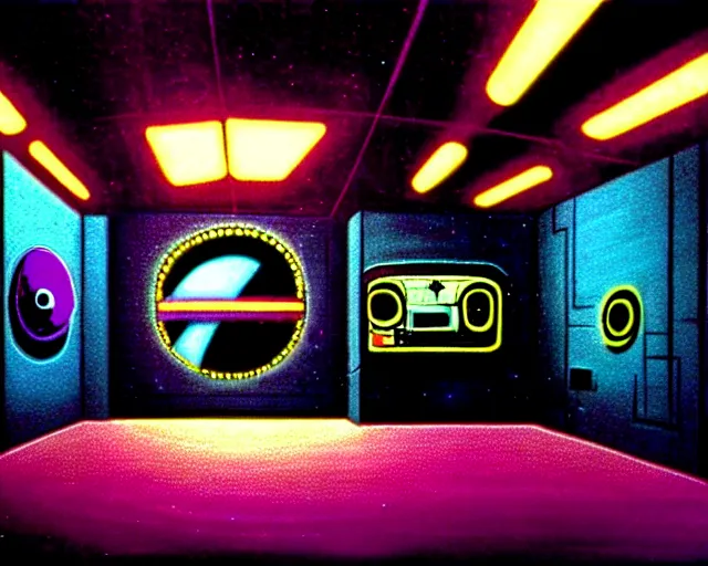 Prompt: interior shot of a space port at night, retro punk, cinematography by Jim Jarmusch, composition by Hale Woodruff,in the style of robert doisneau, grafitti by Aphex Twin, background by Moebius.