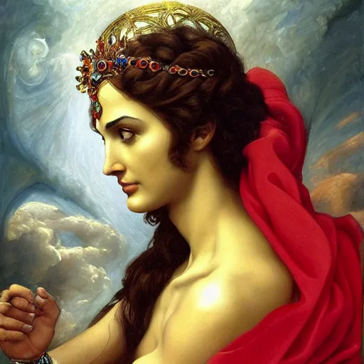 Prompt: Head and shoulders masterpiece oil painting of the beautiful goddess Gal Gadot as hera, she is wearing roman clothes and a surreal jewelry, her hair is natural disheveled, she is approaching heaven over the clouds, naturalism, dramatic lighting, high-detailed oil painting by Ilya Repin, Michelangelo da Caravaggio, William Blake, Alex Grey and Beksinski, trending on Artsation, hystorical painting, naturalism, masterpiece, 4k, 8k,