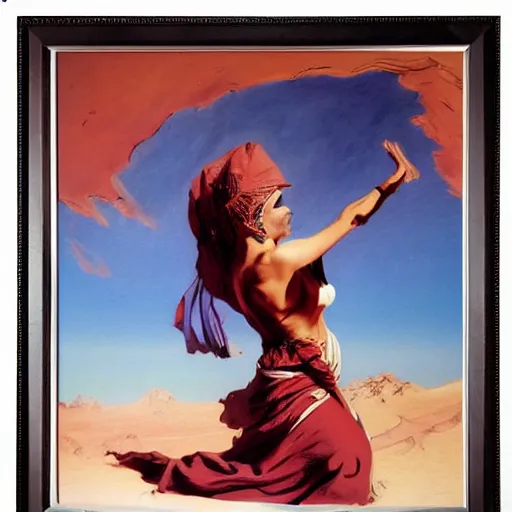 Image similar to Silk sheet desert ecstasy Bedouin under crimson azure diamond sky, in the style of Frank Frazetta, Jeff Easley, Caravaggio, extremely clear and coherent, clear lines, 8K revolution