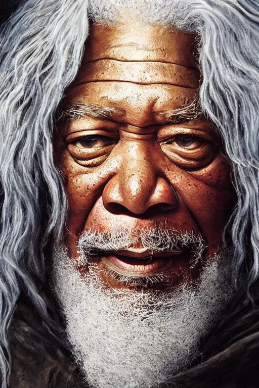 Image similar to morgan freeman starring as gandalf in lord of the rings, oil on canvas, intricate, 8 k highly professionally detailed, hdr, cgsociety