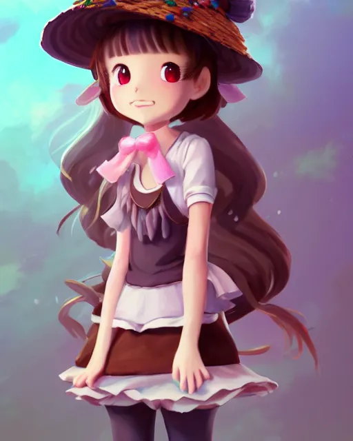 Image similar to a girl as personification of chocolate cupcake, character design, cute hats, unreal engine, highly detailed, digital illustration by artgerm, tooth wu, studio ghibli, sharp focus, artstation. ribbons, dog ears. a fantasy bakery by studio ghibli, makoto shinkai, global illumination, sweets,