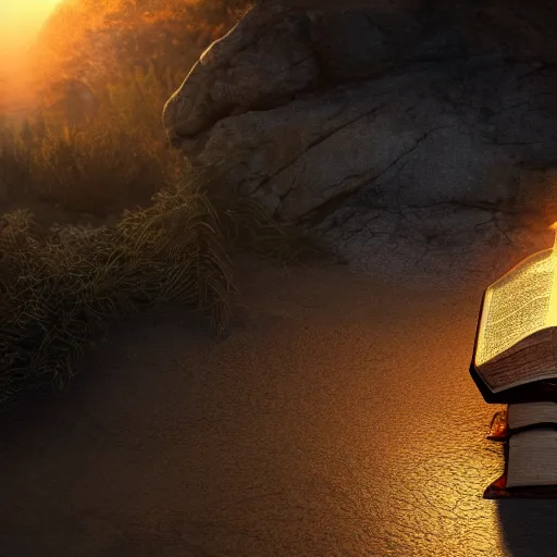 Prompt: photorealistic Bible, on a rock, heavenly light shining onto it, golden light, aura, cgsociety, artstationhq, digital art, detailed