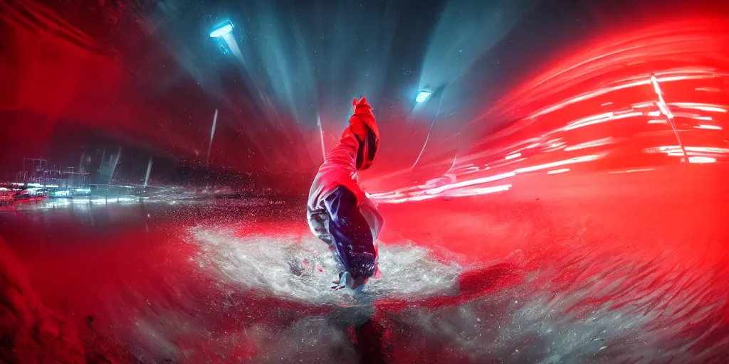 Image similar to fisheye slow motion with trail effect of futuristic break dancer wearing long dark cloak with red neon lights, long exposure shot , enigmatic, at night in the middle of the arctic, paddle of water, steam, fog, water splashes, rim lights, glossy reflections, water droplets on lens, octane render, Volumetric dynamic lighting, stunning cover magazine, high details,