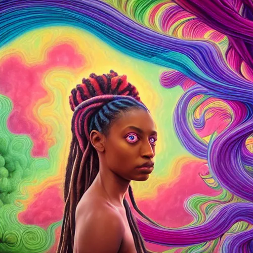 Image similar to a wide angle shot of a black girl with colorful dreadlocks in a field of candy, by Adi granov and afarin sajedi and amanda sage and evgeni gordiets and Agostino Arrivabene and adonna khare in a psychedelic portrait style, ultrarealistic matte painting, volumetric lighting, fractal, extremely symmetrical, highly detailed face, orisha, 8k, hd