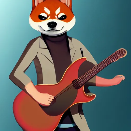 Image similar to masculine shiba inu man, anthropomorphic, Anthro, furry, plays guitar, Artstation