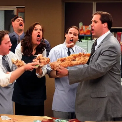 Image similar to The cast of The Office having a food fight, cinematic, high detail