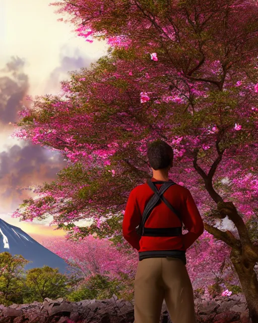 Image similar to A warrior standing near a cherry blossom tree, he is looking at a volcanic mountain that is erupting, 3d render, digital art