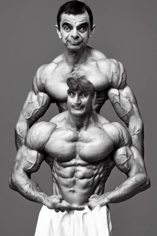 Image similar to Mr Bean is a jacked muscle builder gigachad, grayscale photography