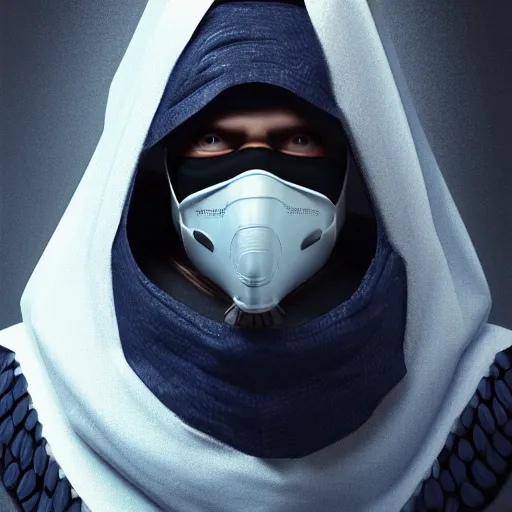 Image similar to a highly detailed, portrait of a man with black hair with a black medical mask, in a hood in the form of a blue shark with white teeth, artstation, DeviantArt, professional, octane render, digital art